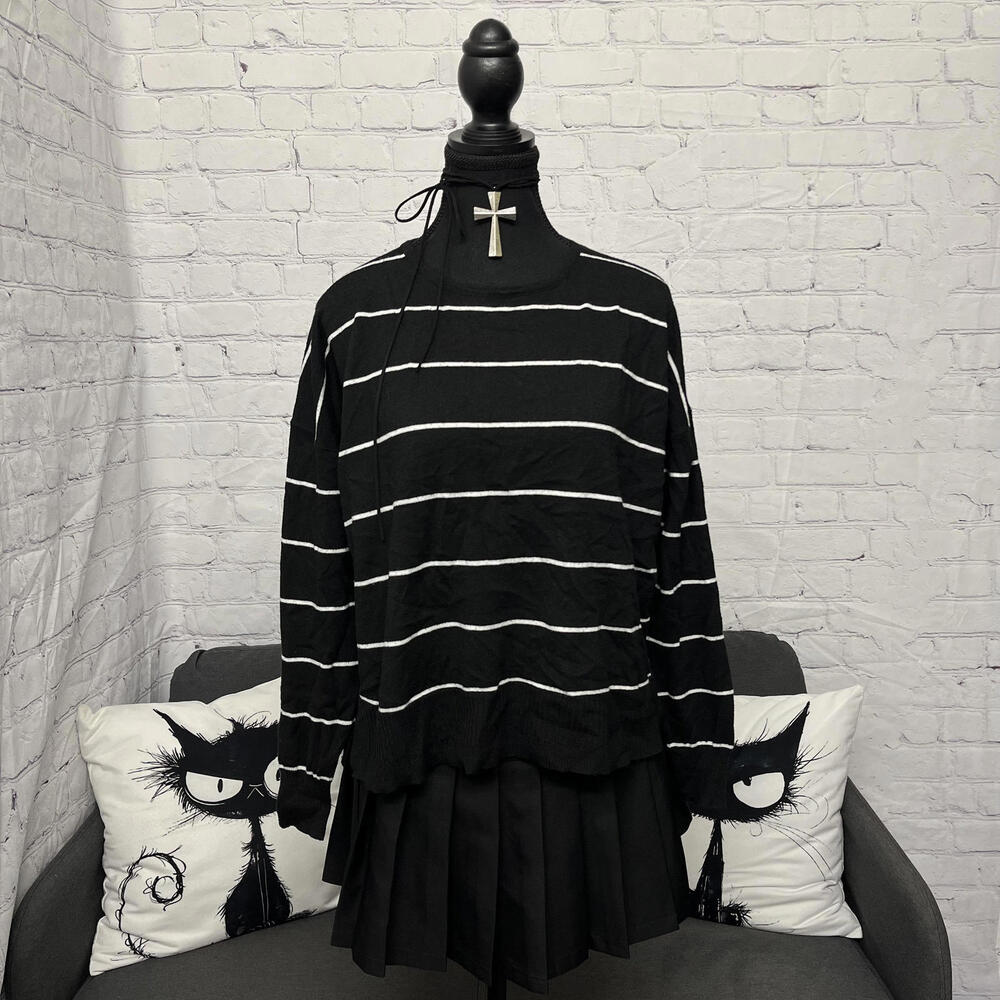 Grunge Pink Martini Black White Striped Oversized Asymmetrical Sweater Sz XS/S